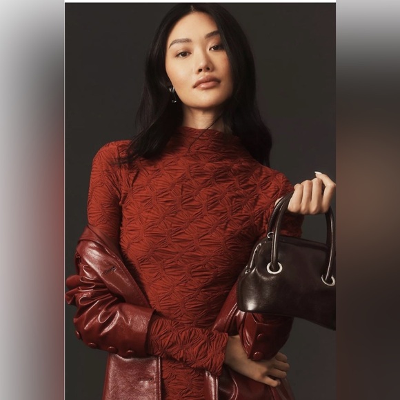 NWT MAEVE ANTHROPOLOGIE Long-Sleeve Scrunch Textured Mini holiday Dress wine XXS - Picture 7 of 15